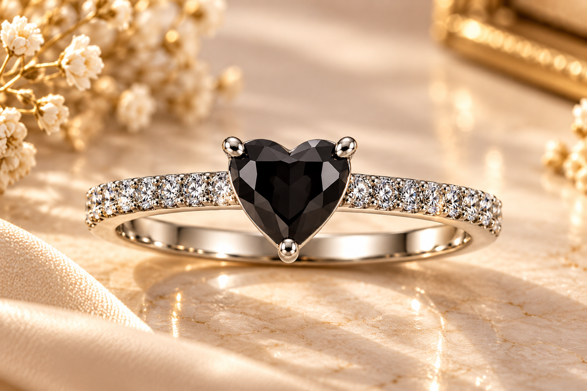 Silver-Toned Black Heart Statement Ring