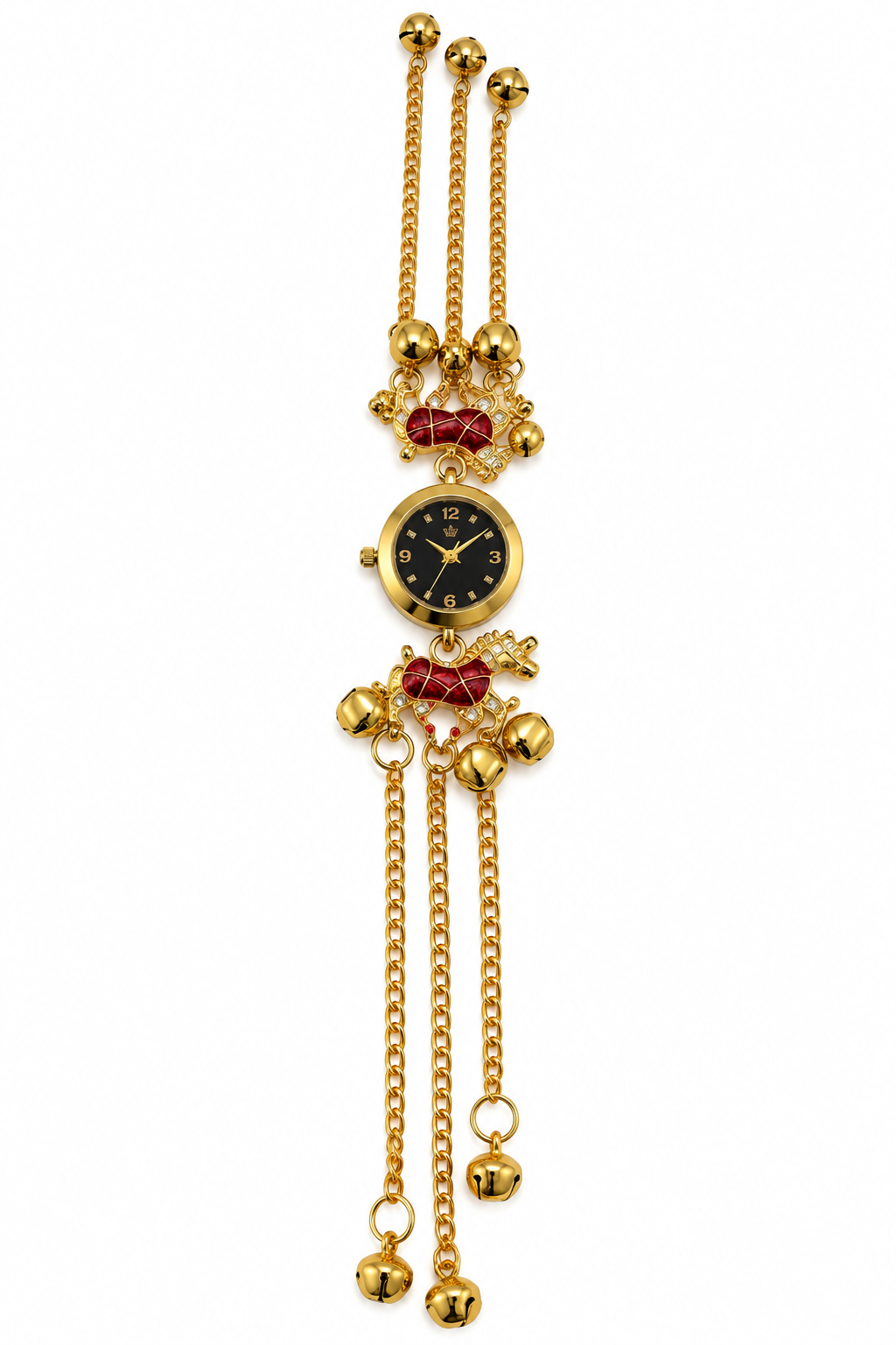 Elegant Gold-Toned Pendant Watch with Red Floral Accents