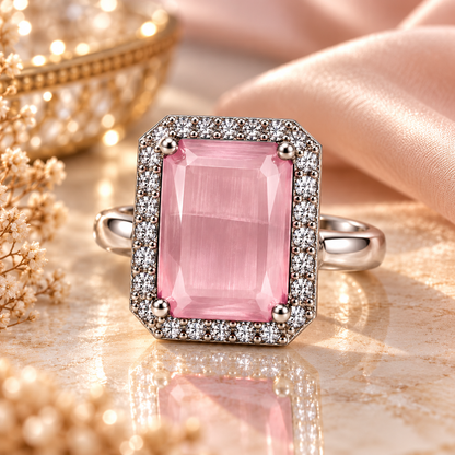 Silver-Toned Pink Crystal Statement Ring