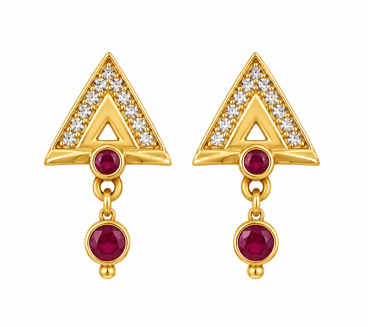 Premium Gold-Toned Geometric Ruby Drop Earrings