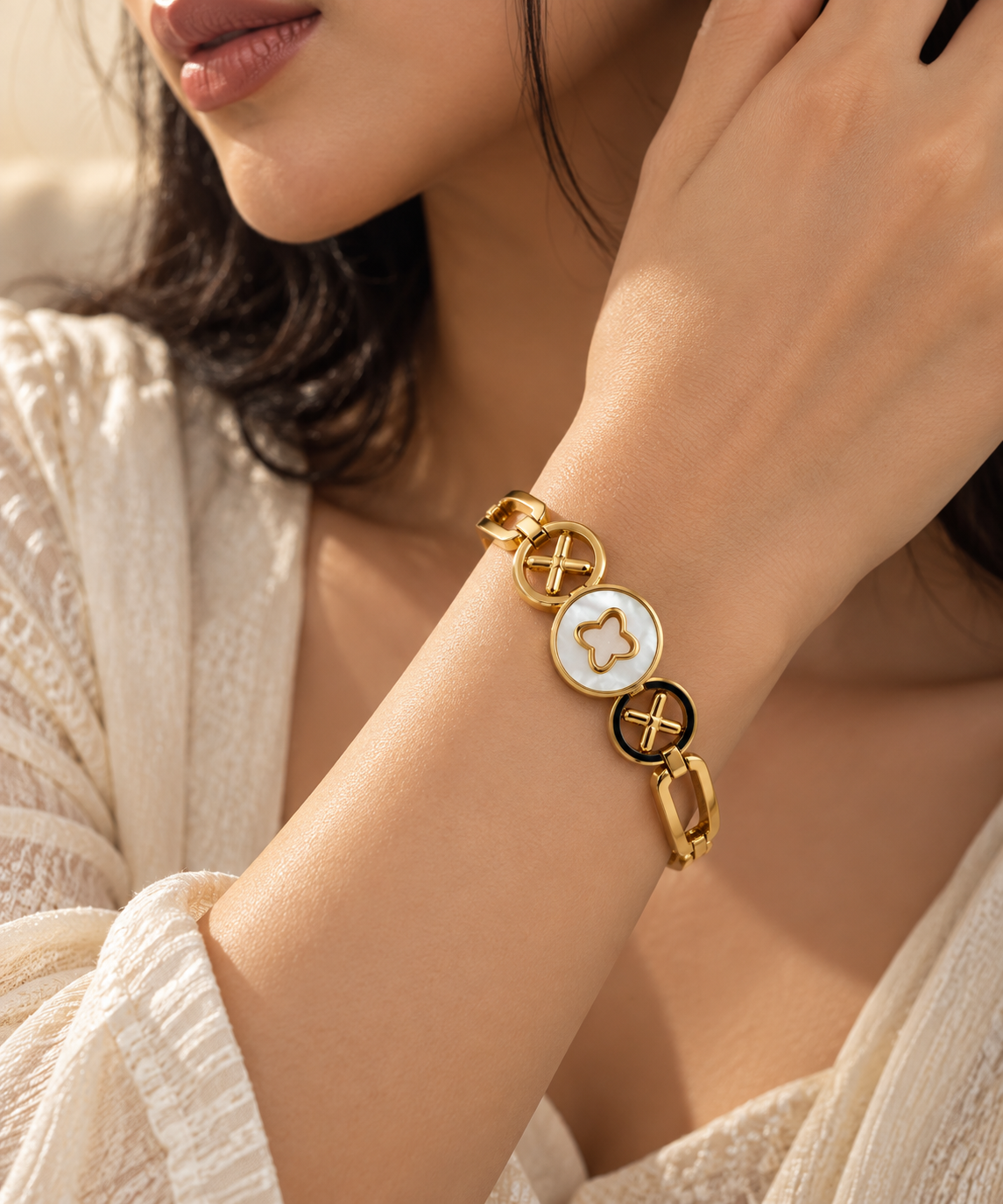 Premium Gold-Toned Black & White Geometric Bracelet