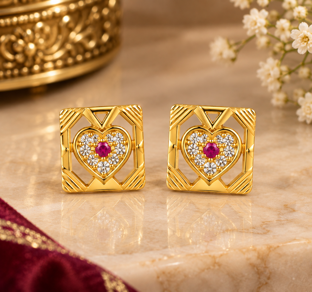 Gold-Toned Geometric Heart Crystal Stud Earrings