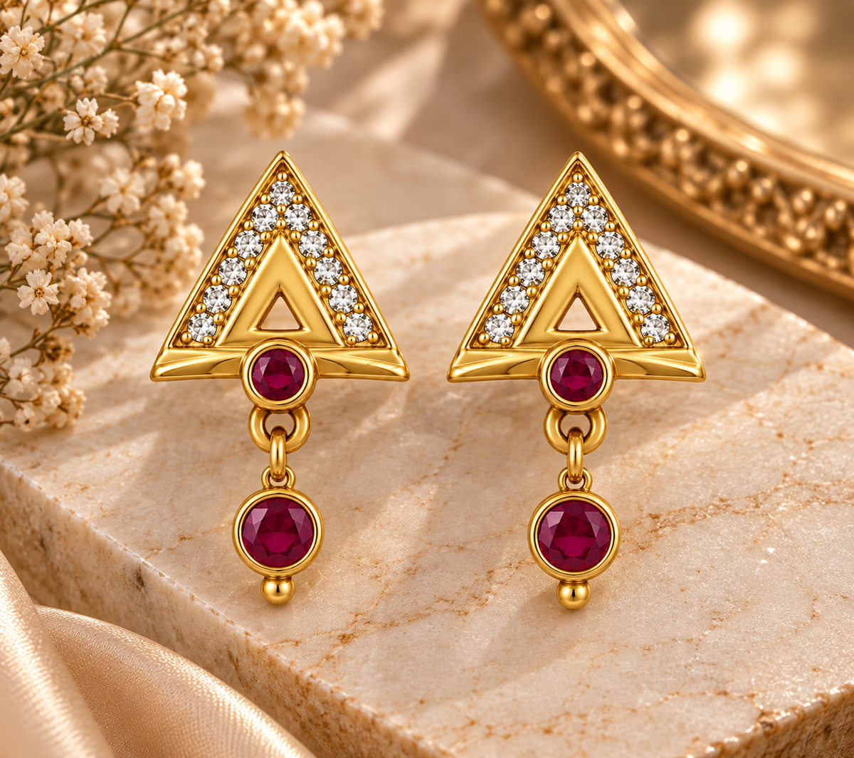 Premium Gold-Toned Geometric Ruby Drop Earrings