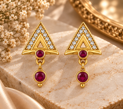 Premium Gold-Toned Geometric Ruby Drop Earrings