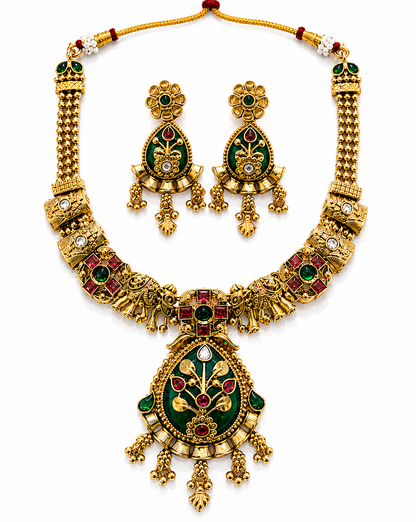 Heritage Green & Maroon Kundan Necklace & Jhumka Set