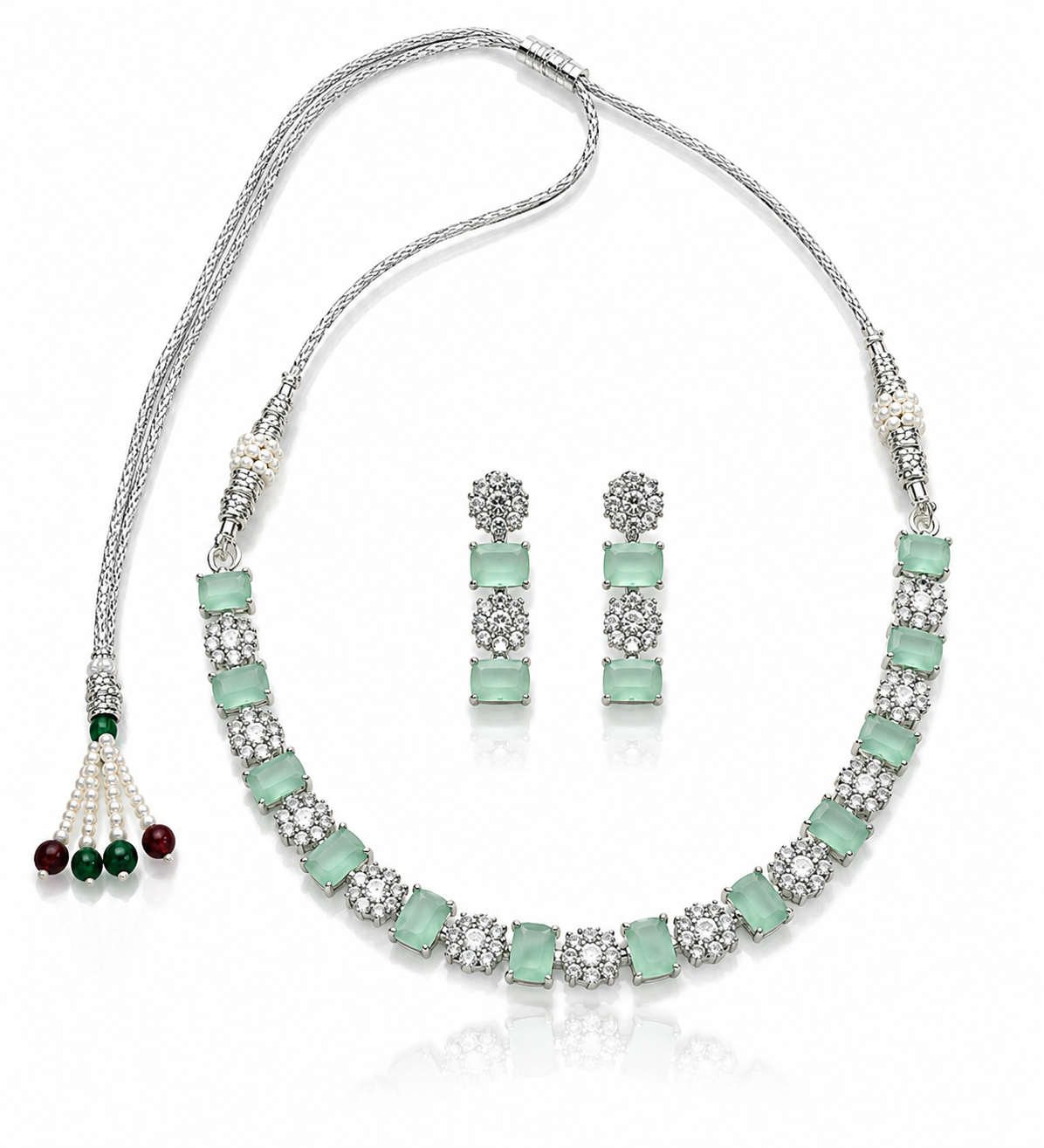 Silver-Toned Aqua Green Stone Necklace & Earring Set
