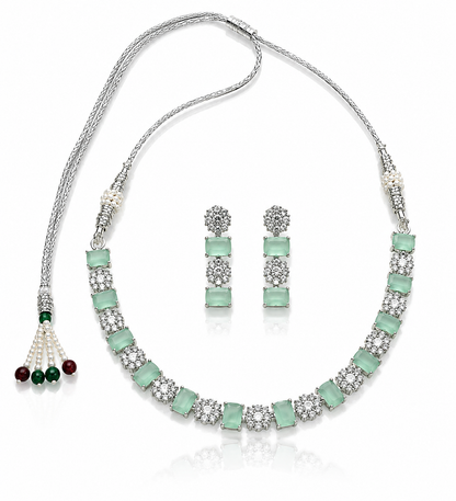 Silver-Toned Aqua Green Stone Necklace & Earring Set