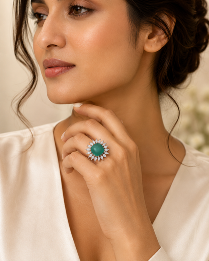 Emerald Green Silver-Toned Statement Ring