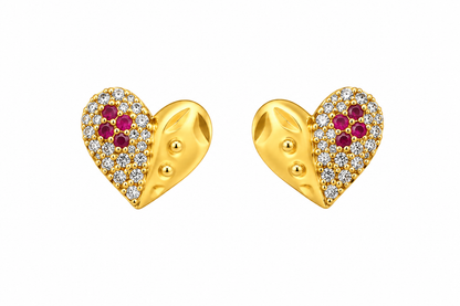 Premium Gold-Toned Heart Stud Earrings with Ruby Accents