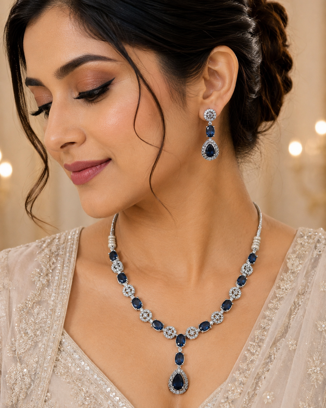Elegant Silver-Toned Navy Blue Stone Necklace & Earring Set