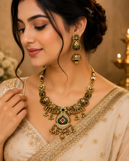 Royal Elephant Motif Kundan Necklace & Jhumka Set