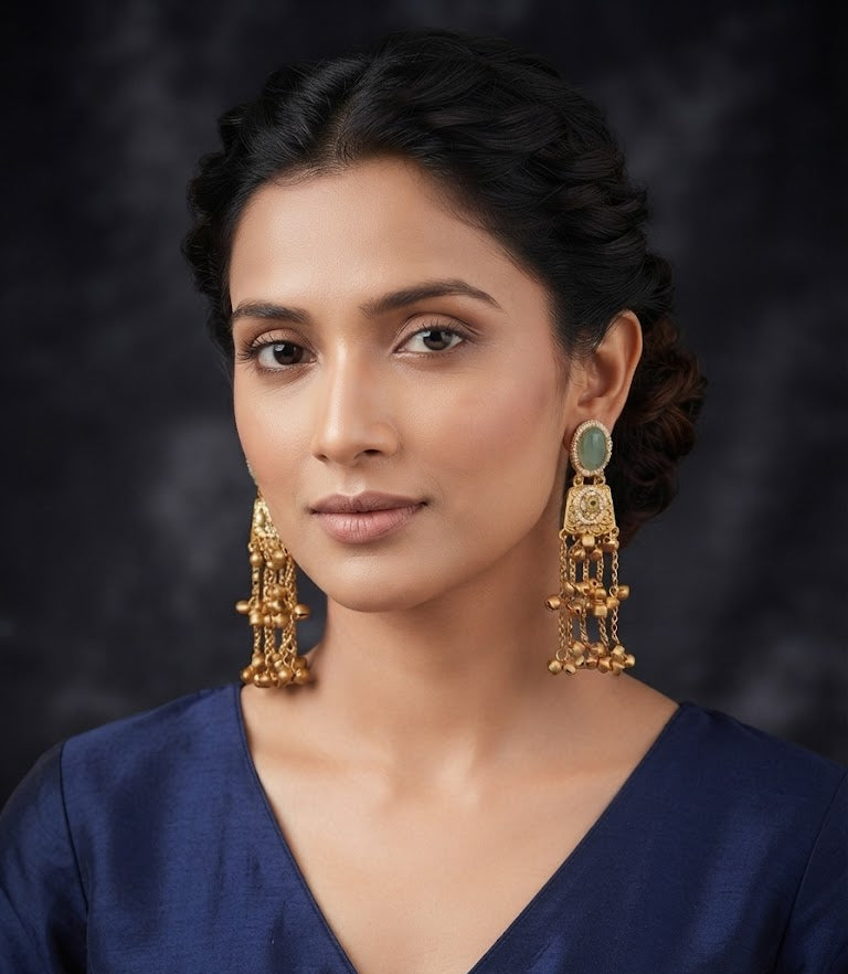 Premium Emerald Green Stone Golden Chain Statement Earrings