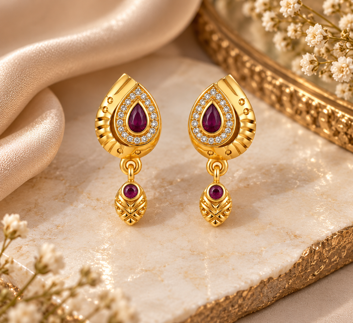 Gold-Toned Maroon Teardrop Drop Earrings