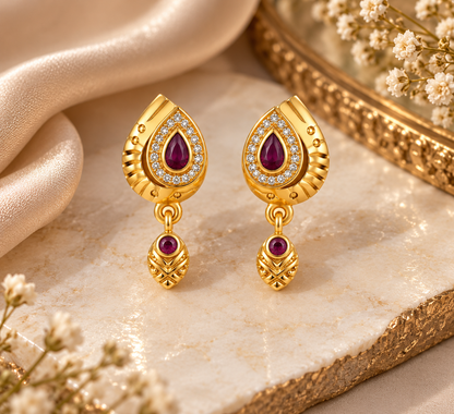 Gold-Toned Maroon Teardrop Drop Earrings