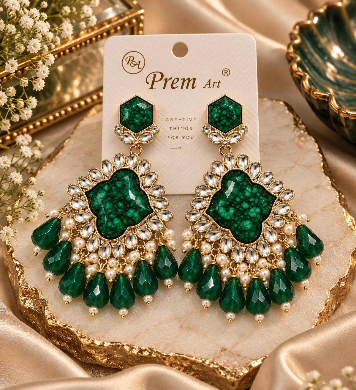 Premium Silver-Toned Emerald Green Kundan-Style Pearl Chandelier Earrings