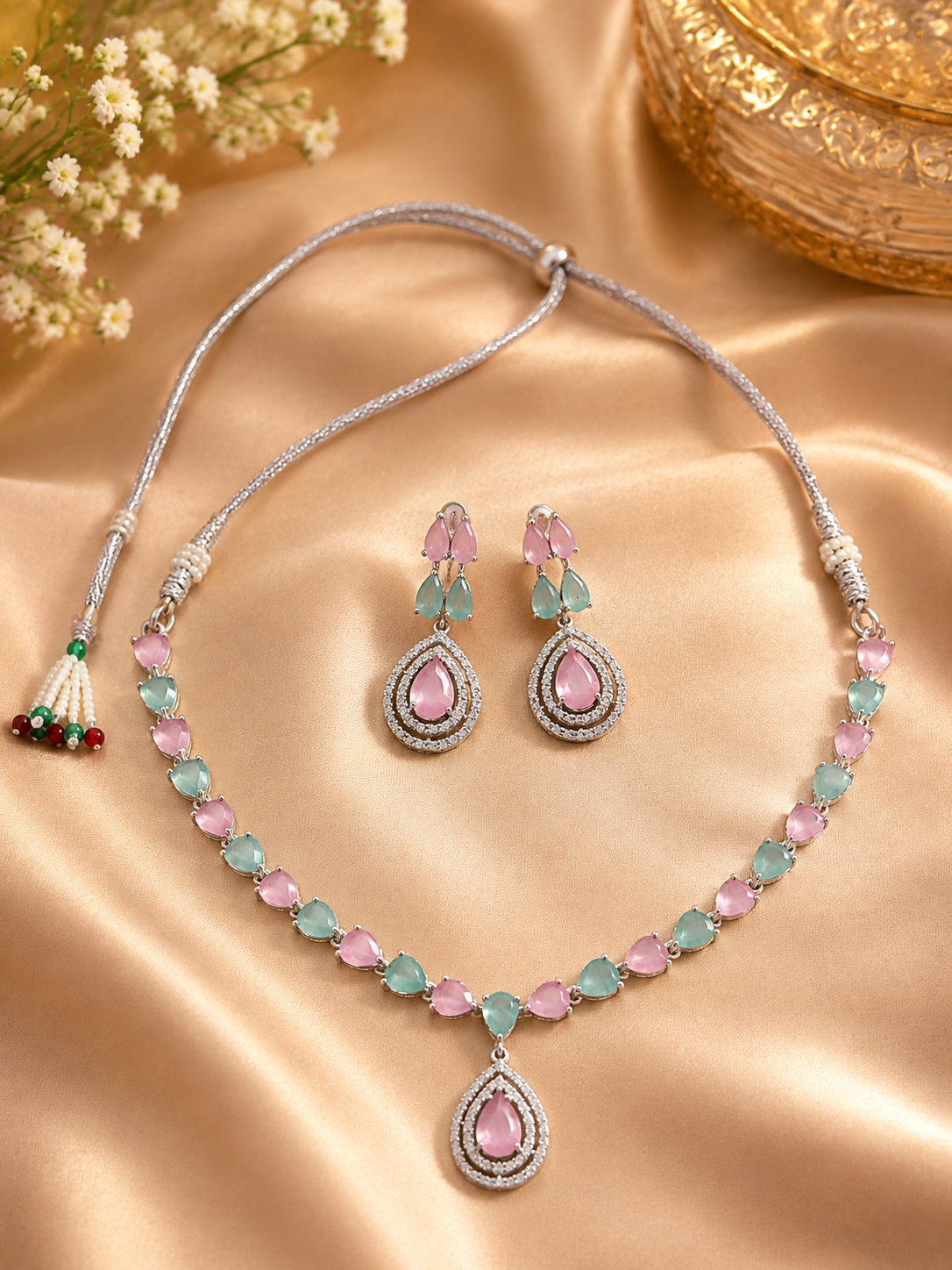 Silver-Toned Pink & Mint Stone Necklace Set