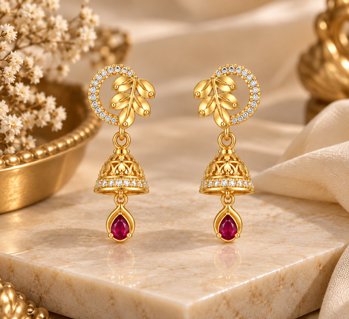 Premium Gold-Toned Floral Jhumka Drop Earrings with Ruby Accents