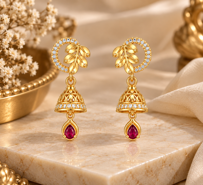 Premium Gold-Toned Floral Jhumka Drop Earrings with Ruby Accents