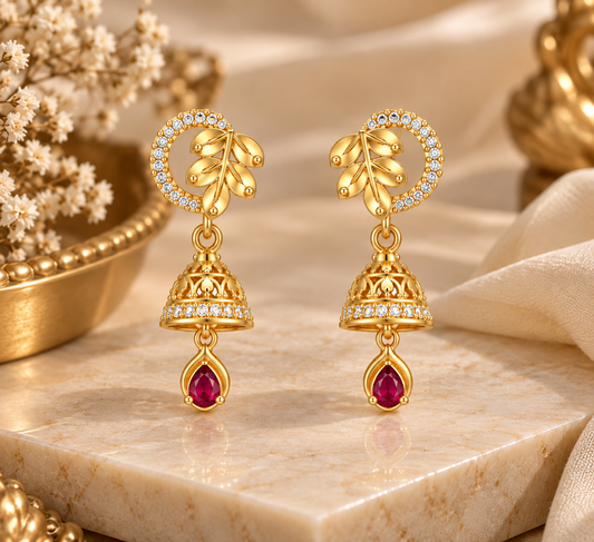 Premium Gold-Toned Floral Jhumka Drop Earrings with Ruby Accents