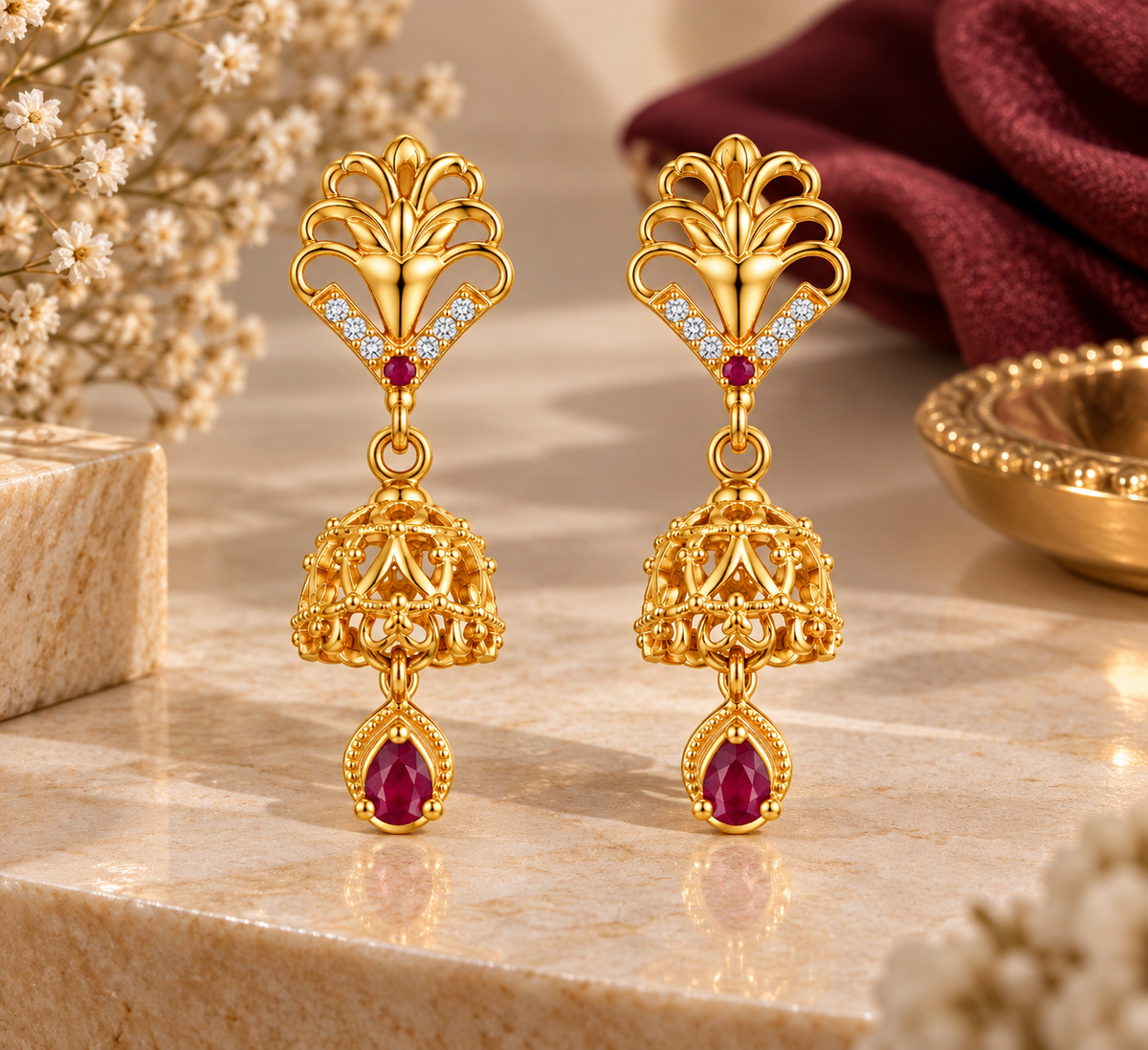 Premium Gold-Toned Filigree Jhumka Drop Earrings with Ruby Accents