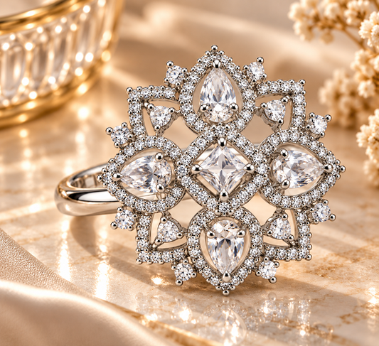 Premium Silver-Toned Floral Statement Ring