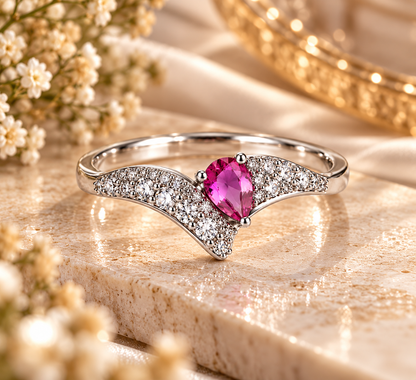 Elegant Silver-Toned Pink Stone Statement Ring