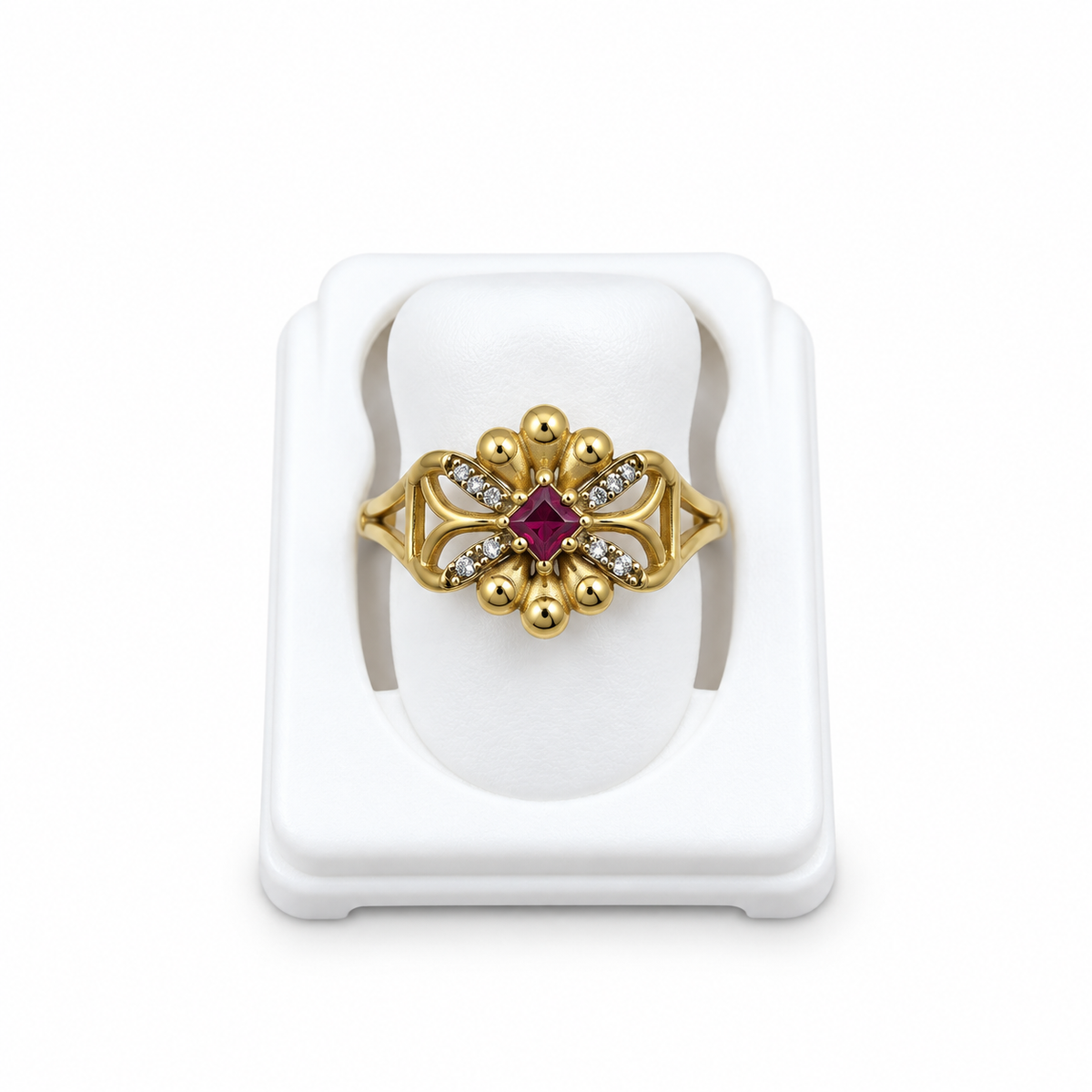 Gold-Toned Ruby Floral Statement Ring
