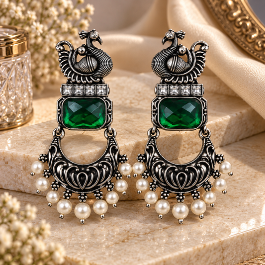 Premium Antique Silver-Toned Emerald Green Peacock Jhumka Earrings