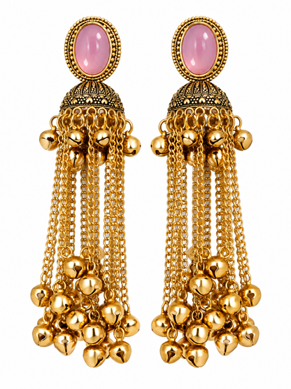 Premium Gold-Toned Pink Stone Long Chain Jhumka Earrings