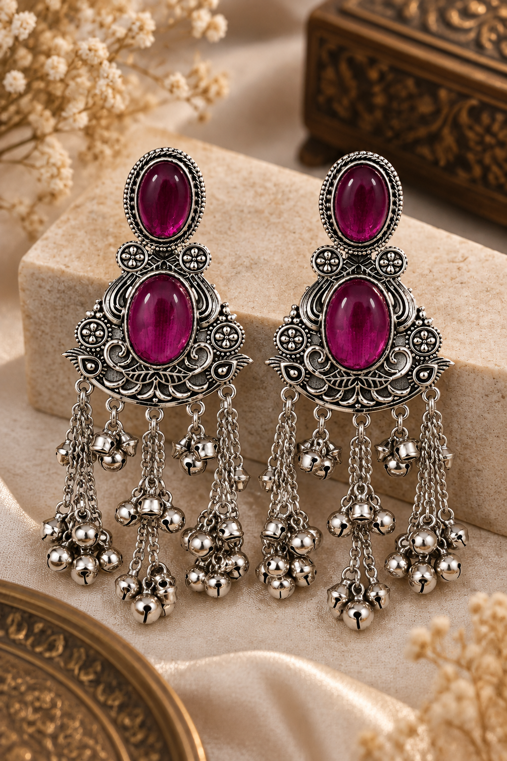 Premium Oxidized Silver-Toned Magenta Stone Long Chain Chandelier Earrings