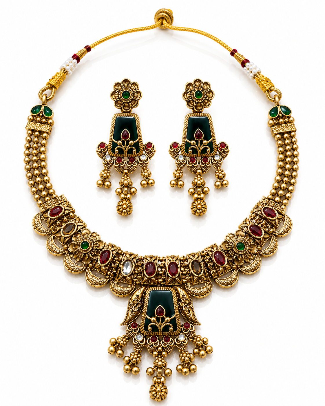 Emerald Heritage Temple Necklace & Jhumka Set