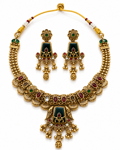 Emerald Heritage Temple Necklace & Jhumka Set
