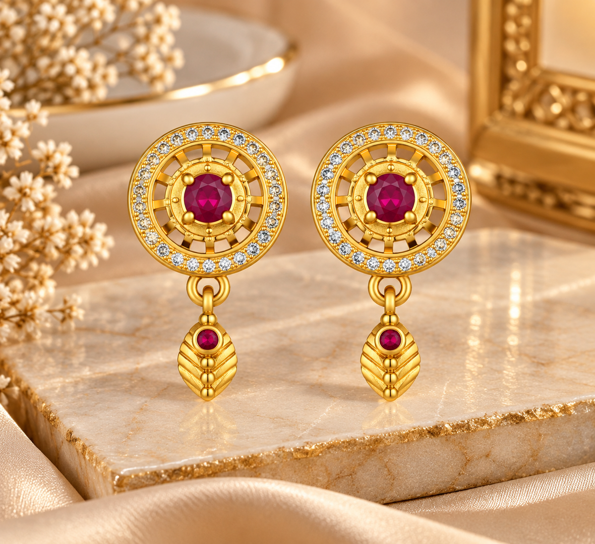 Premium Gold-Toned Circular Drop Earrings with Ruby Accents