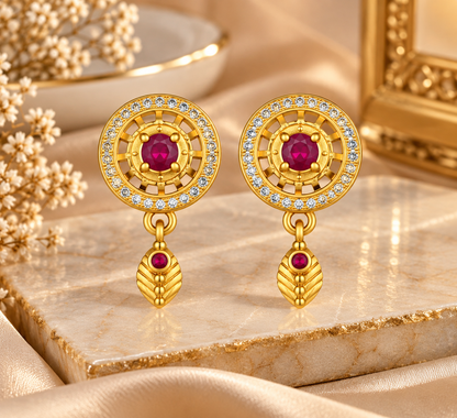 Premium Gold-Toned Circular Drop Earrings with Ruby Accents
