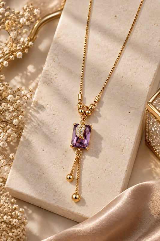 Gold-Toned Purple Stone Pendant Necklace