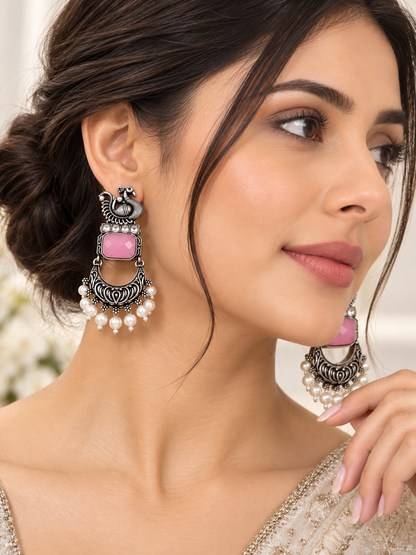 Antique Silver-Toned Rose Pink Stone Statement Earrings