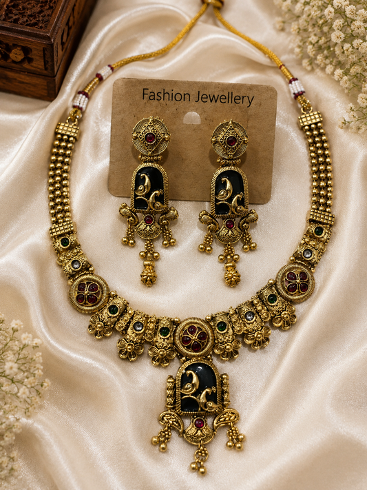 Royal Black & Ruby Elephant Motif Necklace & Earring Se