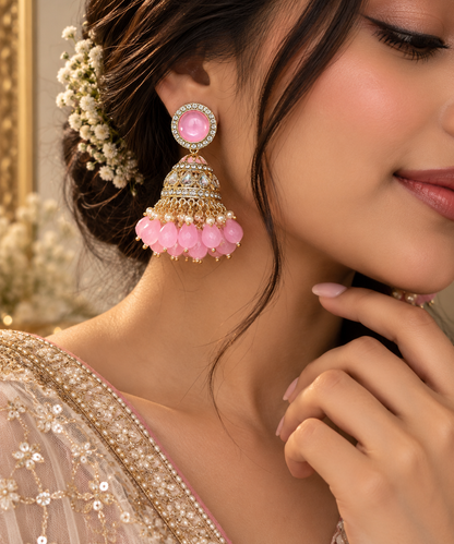 Pink Stone Gold-Toned Jhumka Earrings