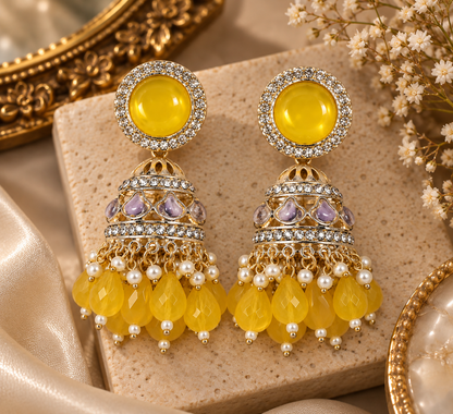 Premium Gold-Toned Yellow Stone Jhumka Earrings with Pearl & Beaded Detailing