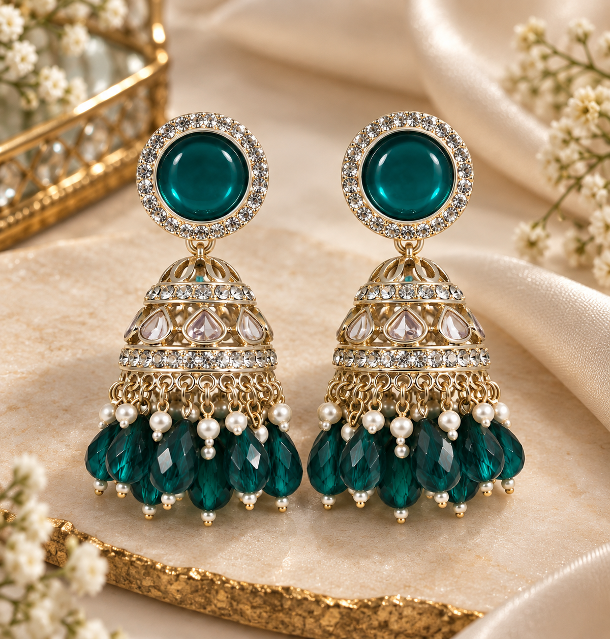 Premium Gold-Toned Teal Stone Jhumka Earrings