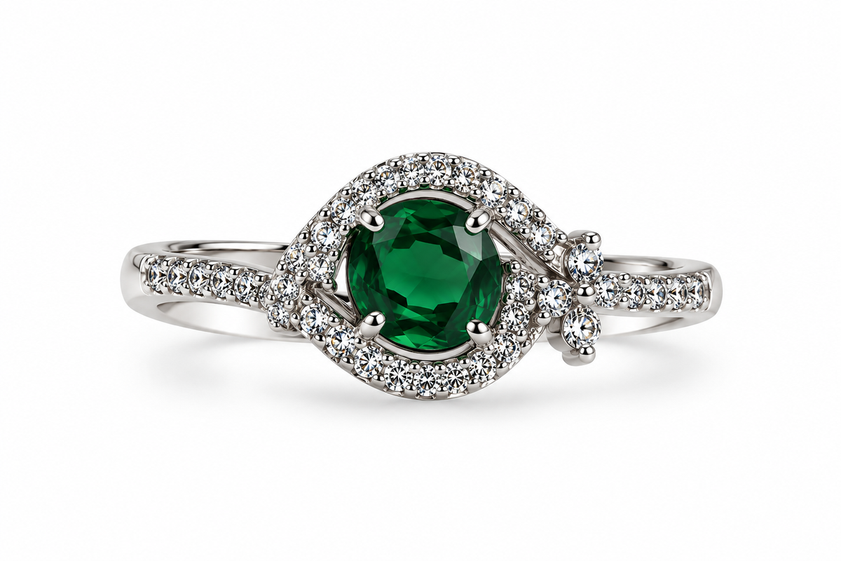 Silver-Toned Green Gemstone Statement Ring