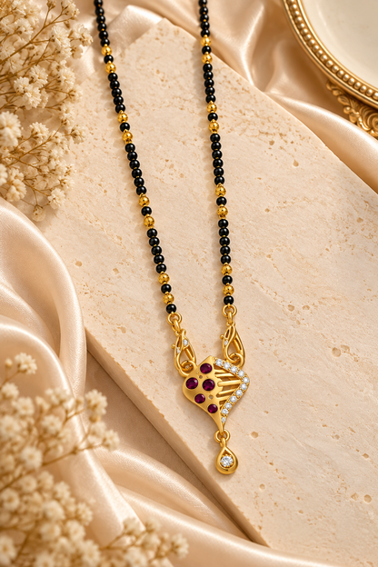 Gold-Toned Black Beaded Mangalsutra with Purple Pendant