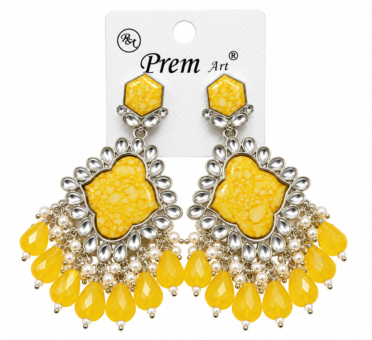 Premium Silver-Toned Yellow Stone Chandelier Earrings