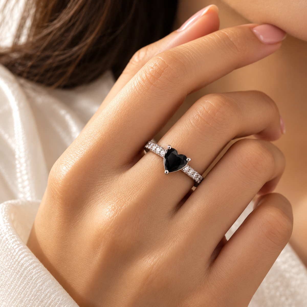 Silver-Toned Black Heart Statement Ring