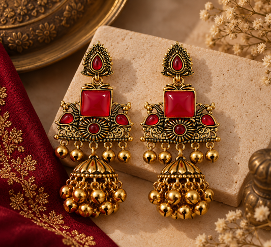Premium Antique Gold-Toned Red Stone Chandelier Jhumka Earrings