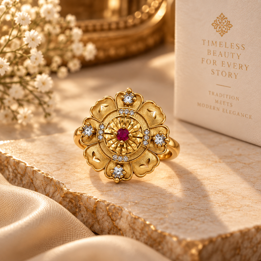 Premium Gold-Toned Floral Ruby Statement Ring