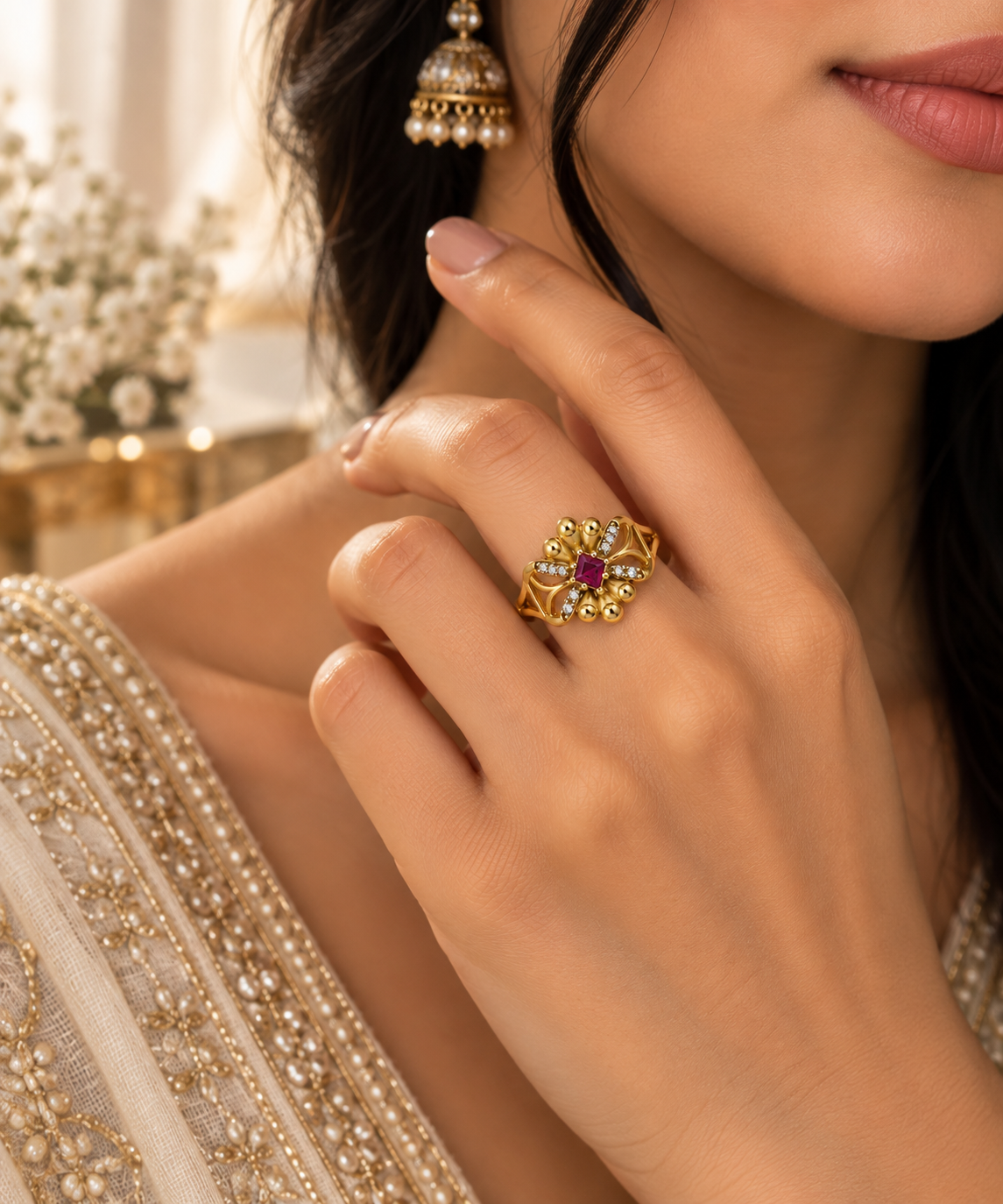 Gold-Toned Ruby Floral Statement Ring