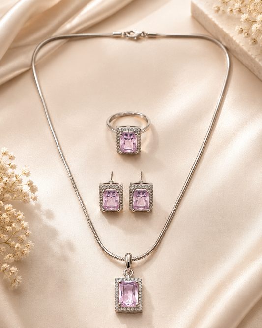 Elegant Pink Silver-Toned Pendant Set