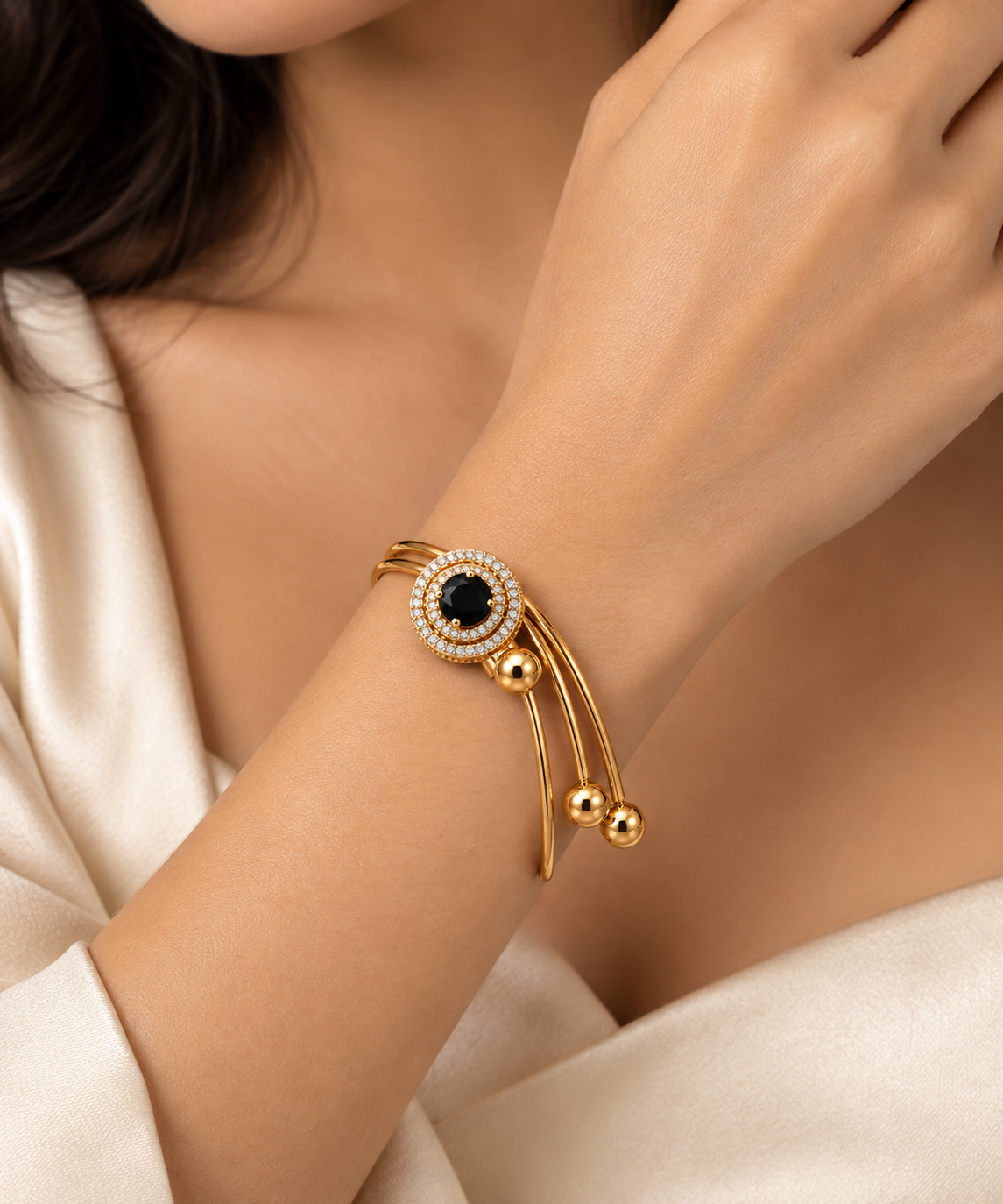 Gold-Toned Black Stone Dual-Band Bracelet