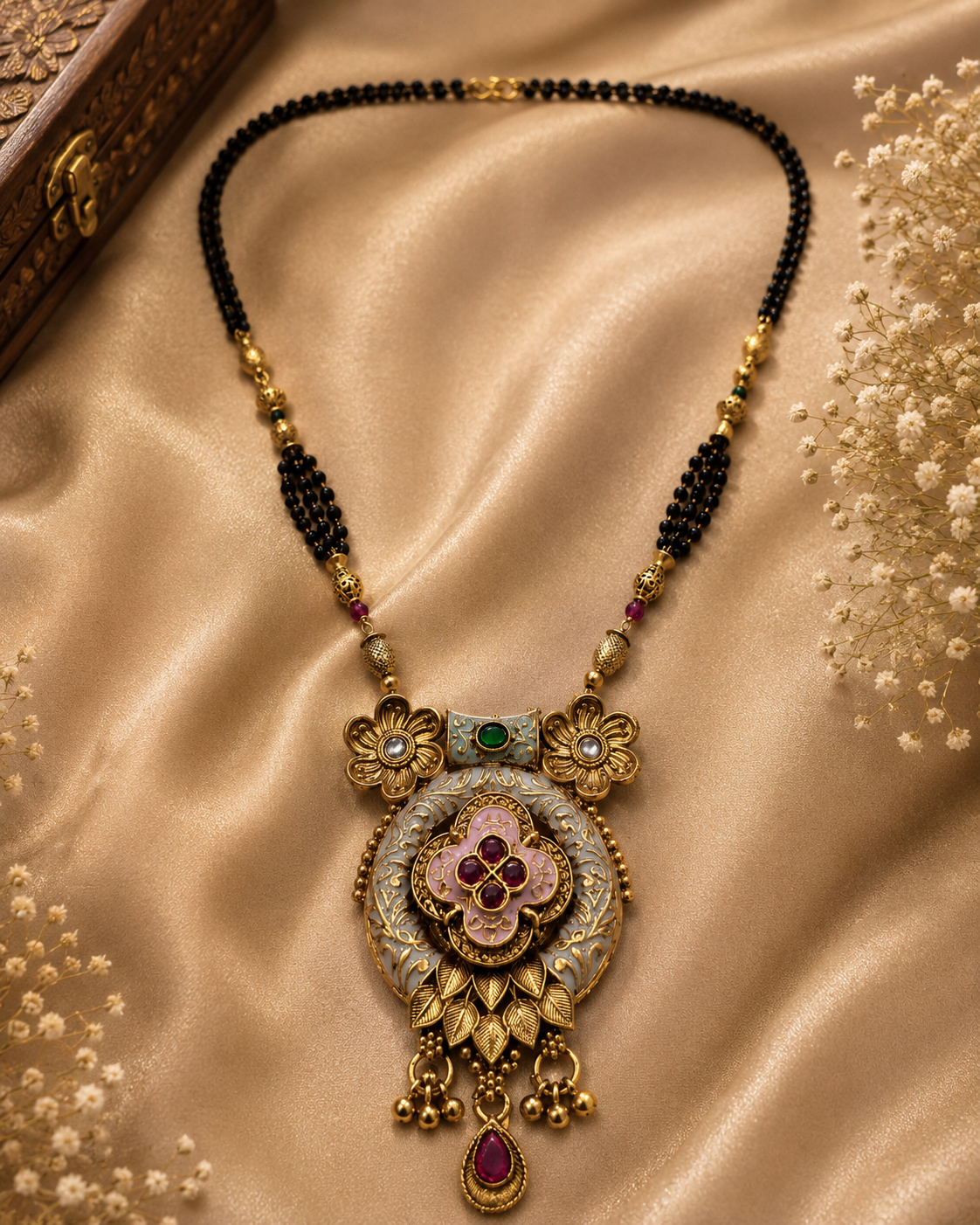 Antique Gold-Toned Multicolor Black Beaded Statement Mangalsutra
